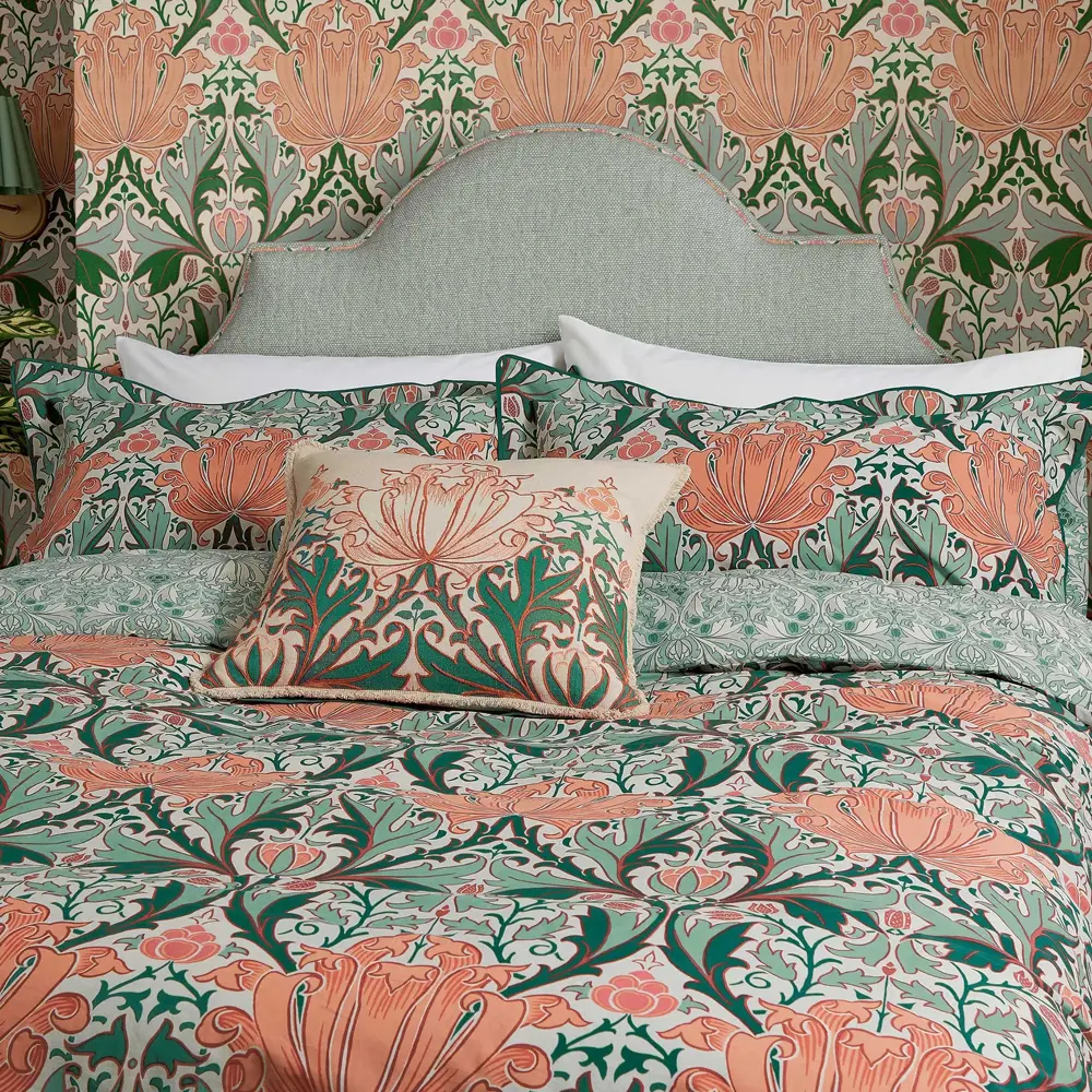 Morris & Co Helena Peach & Teal Cushion